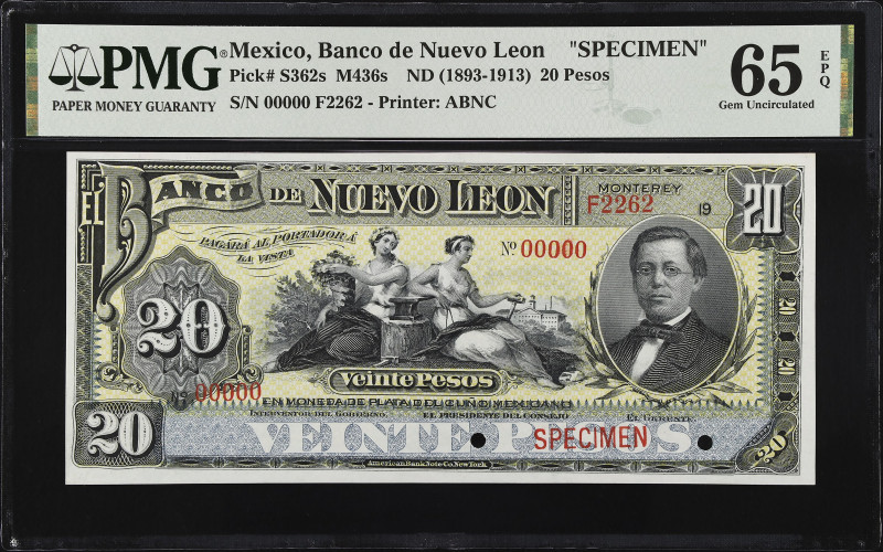 MEXICO. El Banco de Nuevo Leon. 20 Pesos, ND (1893-1913). P-S362s ; M436s Specim...