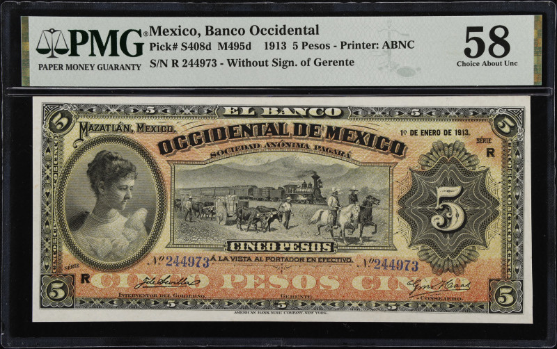 MEXICO. Banco Occidental de Mexico. 5 Pesos, 1913. P-S408d. M495d. PMG Choice Ab...