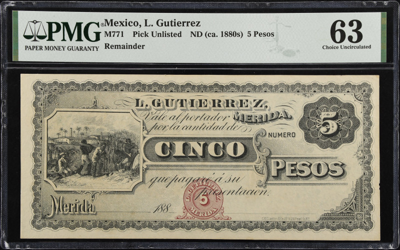 MEXICO. L. Gutierrez. 5 Pesos, ND (ca. 1880s). P-Unlisted. M771. Remainder. PMG ...