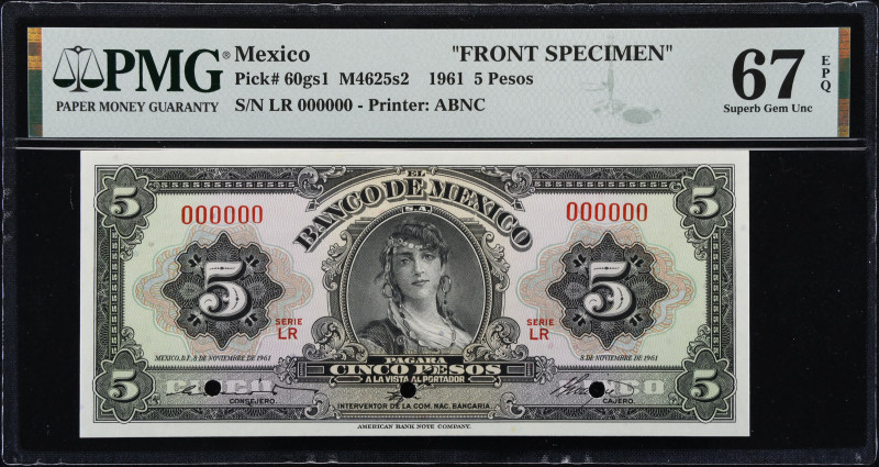 MEXICO. Banco De Mexico. 5 Pesos, 1961. P-60gs1. Front Specimen. PMG Superb Gem ...