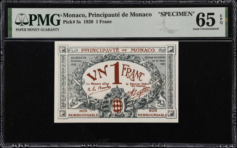 MONACO. Principaute de Monaco. 1 Franc, 1920. P-5s. Specimen. PMG Gem Uncirculat...