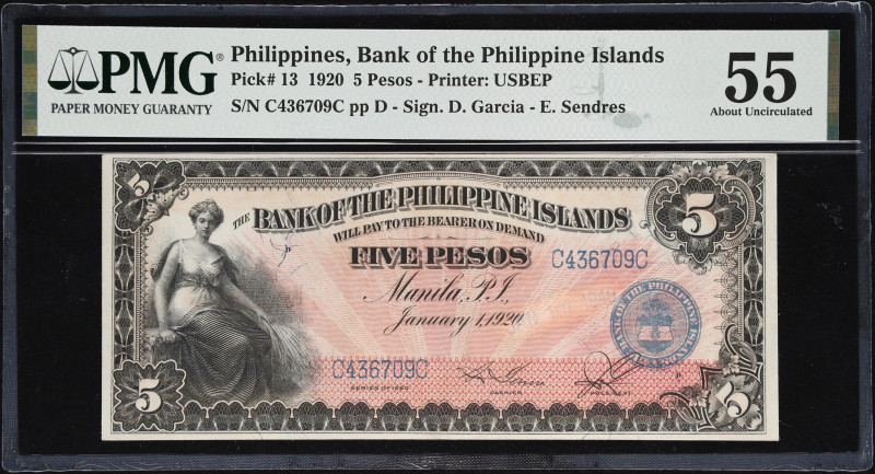 PHILIPPINES. Bank of the Philippine Islands. 5 Pesos, 1920. P-13. PMG About Unci...