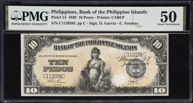 PHILIPPINES. Bank of the Philippine Islands. 10 Pesos, 1920. P-14. PMG About Unc...