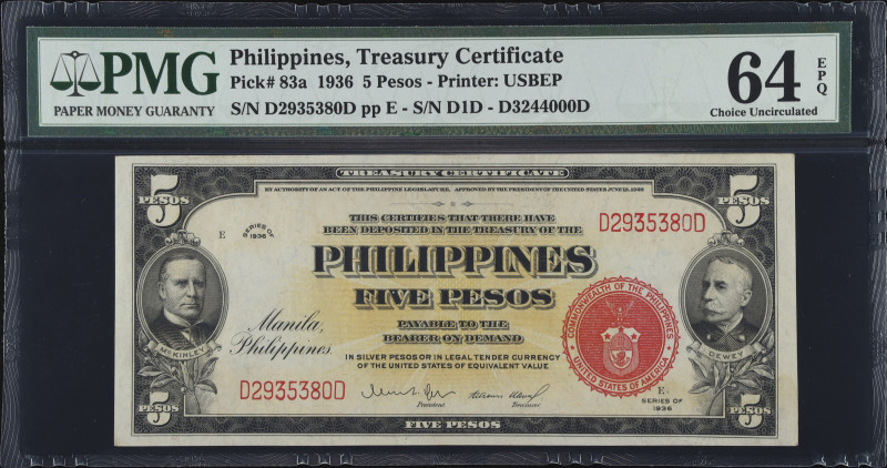 PHILIPPINES. Treasury of the Philippines. 5 Pesos, 1936. P-83a. PMG Choice Uncir...