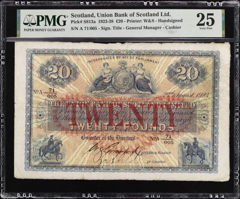 SCOTLAND. Union Bank of Scotland Limited. 20 Pounds, 1923. P-S813a. PMG Very Fin...