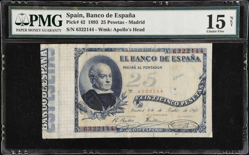 SPAIN. Banco de Espana. 25 Pesetas, 1893. P-42. PMG Choice Fine 15 Net. Repaired...