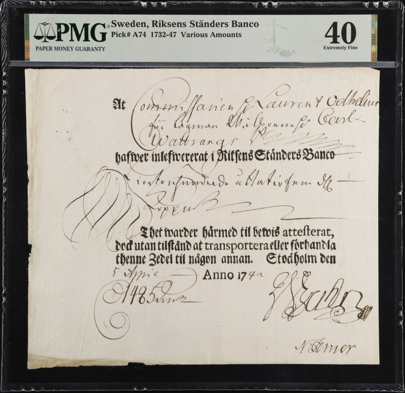 SWEDEN. Riksens Standers Banco. Various Amounts, 1732-47. P-A74. PMG Extremely F...