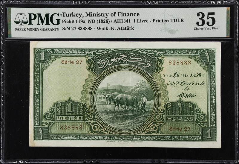 TURKEY. Ministry of Finance. 1 Livre, ND (1926). P-119a. PMG Choice Very Fine 35...