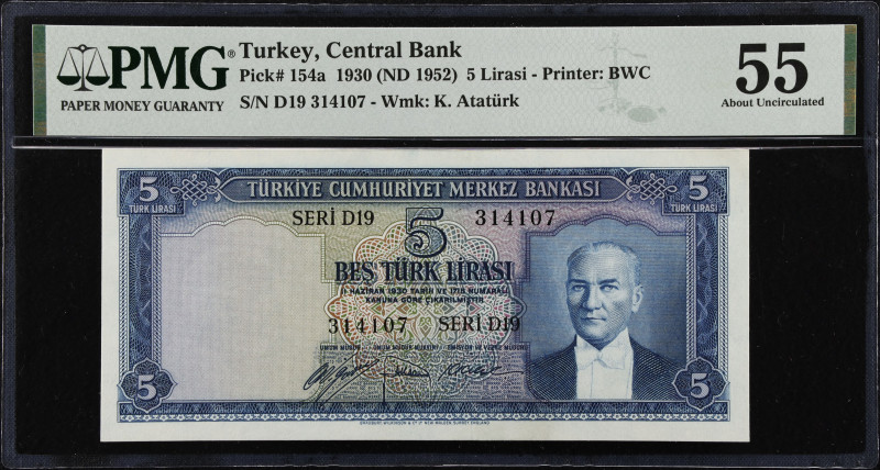 TURKEY. Turkiye Cumhuriyet Merkez Bankasi. 5 Lira, 1930 (ND 1952). P-154a. PMG A...