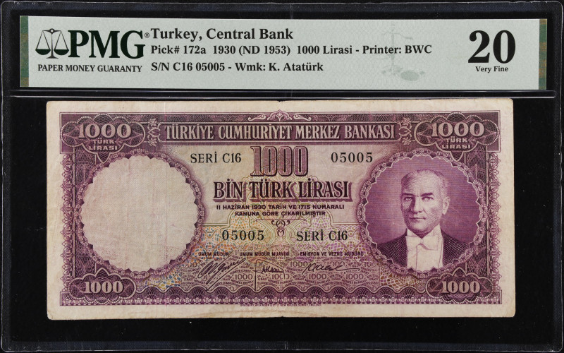 TURKEY. Turkiye Cumhuriyet Merkez Bankasi. 1000 Lira, 1930 (ND 1953). P-172a. PM...