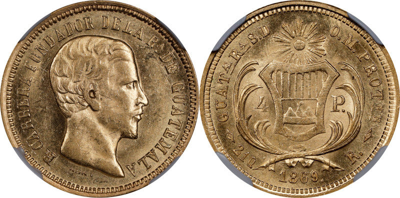 GUATEMALA. 4 Pesos, 1869-R. Nueva Guatemala Mint. NGC MS-61.
Fr-43; KM-187.

...