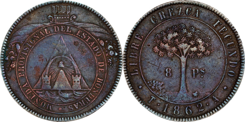 HONDURAS. 8 Reales, 1862-T A. Tegucigalpa Mint. VF Details.
KM-27.

Estimate:...