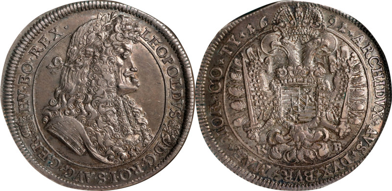 HUNGARY. Taler, 1691-KB. Kremnica Mint. Leopold I. NGC AU-58.
Dav-3261; KM-214....