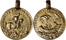 HUNGARY. St. George (1/2 Ducat) Gold Medal, ND. Kremnica Mint. VERY FINE.
cf. Fr-570. After C. H. Roth. Diameter 16 mm. Weight: 1.48 gms. Obverse: St...