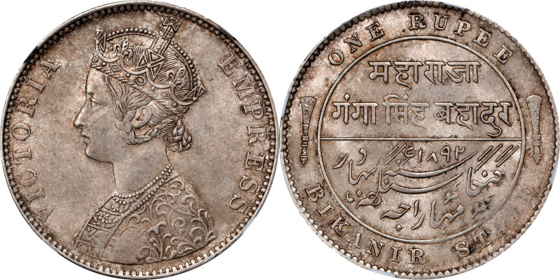 INDIA. Bikanir. Rupee, 1892. Ganga Singh (under Victoria as Empress). NGC MS-62....