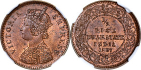 INDIA. Dhar. 1/2 Pice, 1887. Anand Rao Pawar III (under Victoria as Empress). NGC MS-64 Red Brown.
KM-12.

Estimate: $300.00- $400.00