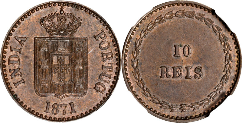 INDIA. Portuguese India. 10 Reis, 1871. Bombay Mint. Luis I. NGC MS-63 Brown.
K...