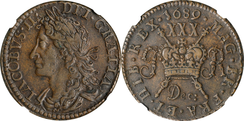 IRELAND. Gun Money 1/2 Crown, 1689 (Dec). Dublin mint. James II. NGC AU-50.
S-6...