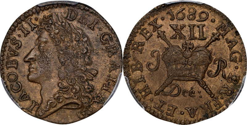 IRELAND. Gun Money Shilling, 1689 (Dec). Dublin Mint. James II. PCGS MS-63.
S-6...