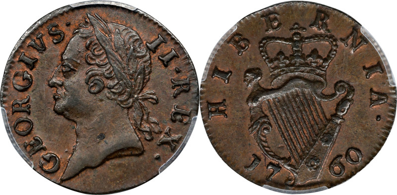 IRELAND. Farthing, 1760. George II. PCGS MS-64 Brown.
S-6611; KM-135. Tied for ...