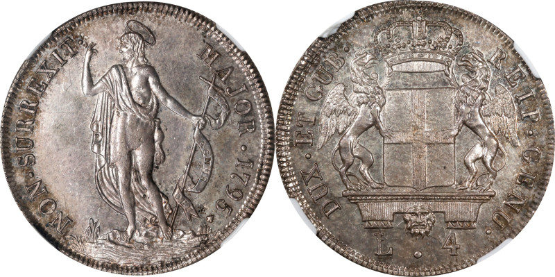 ITALY. Genoa. 4 Lire, 1795. NGC MS-62.
KM-248; Mont-45.
From the Star City Hom...