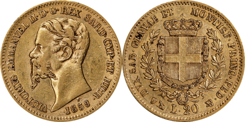 ITALY. Sardinia. 20 Lire, 1859-B. Turin Mint; mm: eagle. Vittorio Emanuele II. V...