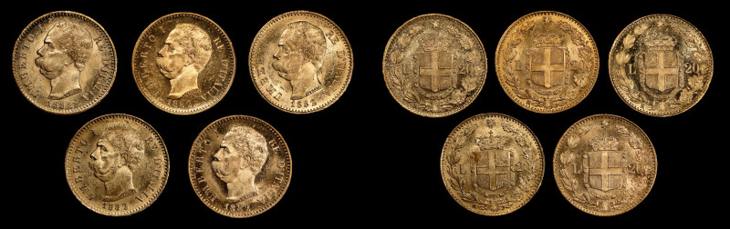 ITALY. Quintet of 20 Lire (5 Pieces), 1882. Rome Mint. Umberto I. Average Grade:...