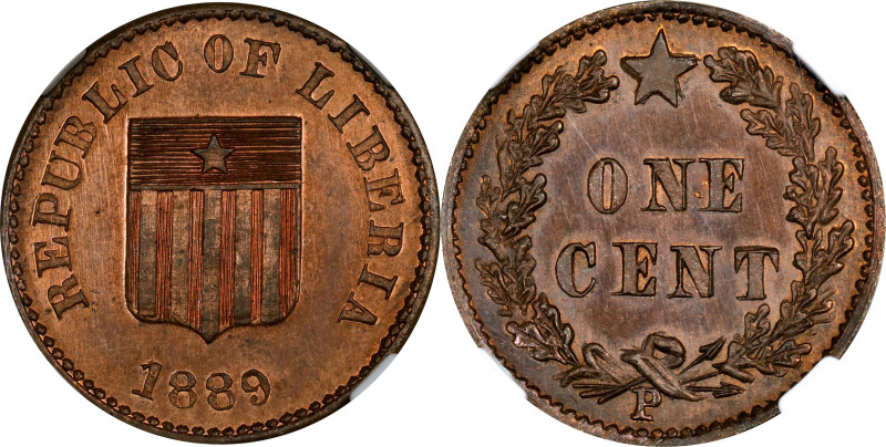 LIBERIA. Copper Cent Pattern, 1889-P. NGC PROOF-64 Red Brown.
KM-Pn18.

Estim...