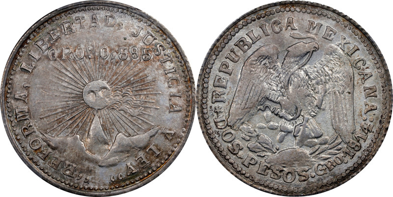 MEXICO. Guerrero. 2 Pesos, 1914-GRO. PCGS MS-62.
KM-643.
From the Helena Colle...