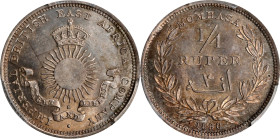 MOMBASA. Imperial British East Africa Company. 1/4 Rupee (4 Annas), 1890-H. Birmingham (Heaton) Mint. Victoria. PCGS MS-65.
KM-3. Small H variety.
...