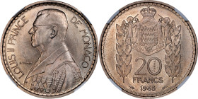 MONACO. Copper-Nickel 20 Francs Essai (Pattern), 1945. Louis II. NGC MS-65.
KM-E20. Mintage: 1,100.

Estimate: $70.00- $100.00