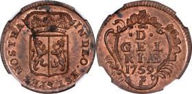 NETHERLANDS. Gelderland. Duit, 1759. Gelderland Mint. NGC MS-64 Red Brown.
KM-93.

Estimate: $75.00- $150.00