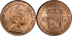 NETHERLANDS. 10 Gulden, 1917. Utrecht Mint. Wilhelmina I. PCGS MS-67.
Fr-349; KM-149.

Estimate: $300.00- $450.00