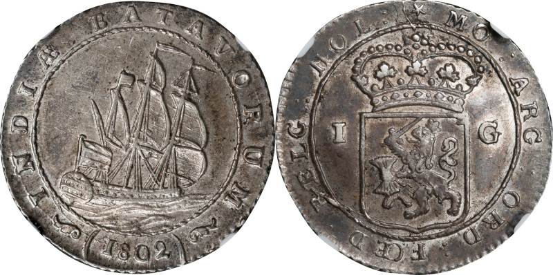NETHERLANDS EAST INDIES. Batavian Republic. Gulden, 1802. Enkhuizen Mint. NGC AU...