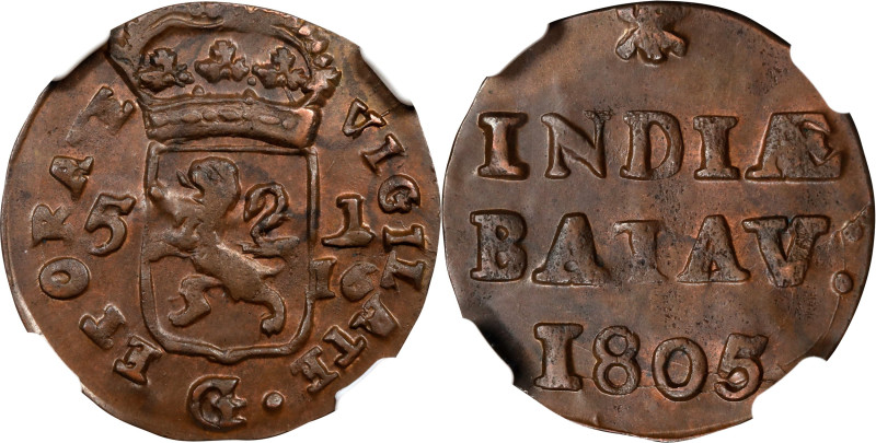 NETHERLANDS EAST INDIES. Batavian Republic. Duit, 1805. Enkhuizen Mint. NGC MS-6...