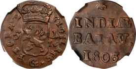 NETHERLANDS EAST INDIES. Batavian Republic. Duit, 1805. Enkhuizen Mint. NGC MS-63 Brown.
KM-100. Overyssel arms (eagle) type.

Estimate: $200.00- $...