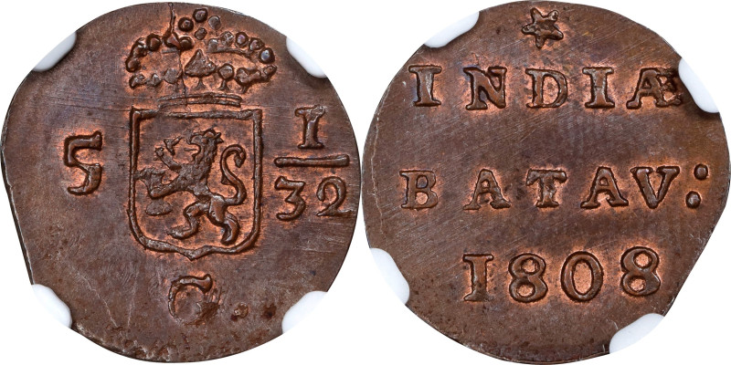 NETHERLANDS EAST INDIES. Batavian Republic. 1/2 Duit, 1808. NGC MS-65 Brown.
KM...