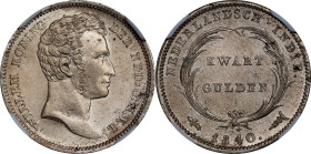 NETHERLANDS EAST INDIES. Kingdom of the Netherlands. 1/4 Gulden, 1840. Utrecht Mint; privy mark: lis. William I. NGC MS-64+.
KM-301.1; Sch-627.

Es...