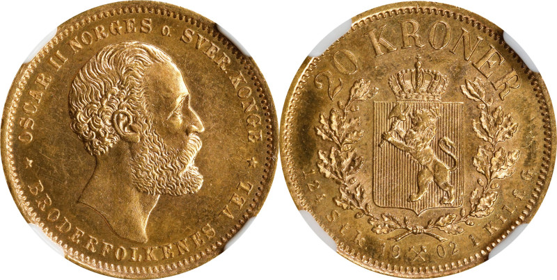 NORWAY. 20 Kroner, 1902. Kongsberg Mint. Oscar II. NGC MS-65.
Fr-17; KM-355; Si...