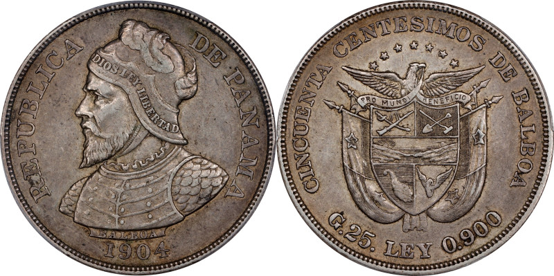 PANAMA. 50 Centesimos, 1904. Philadelphia Mint. PCGS AU-53.
KM-5.
From the R &...