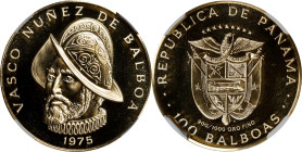 PANAMA. 100 Balboas, 1975-FM. Pennsylvania (Franklin) Mint. NGC MS-70 Deep Prooflike.
Fr-1; KM-41. AGW: 0.2361 oz. Commemorating the 500th anniversar...