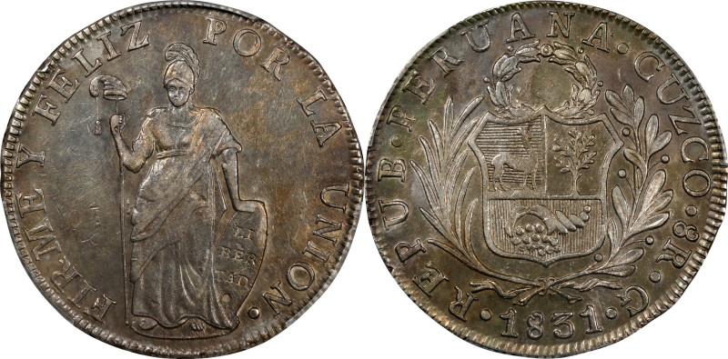 PERU. 8 Reales, 1831-CUZCO G. Cuzco Mint. PCGS AU-53.
KM-142.4.

Estimate: $1...