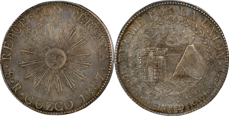 PERU. South Peru. 8 Reales, 1837-CUZCO BA. Cuzco Mint. PCGS AU-55.
KM-170.2.
F...