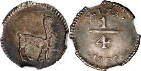 PERU. 1/4 Real, 1855/35-LIMA. Lima Mint. NGC MS-62.
KM-143.1.

Estimate: $70.00- $100.00