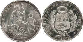 PERU. 1/5 Sol, 1907-LIMA FG. Lima Mint. PCGS MS-66.
KM-205.2.

Estimate: $60.00- $100.00