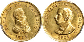 PERU. Centennial of the Battle of Ayacucho Gold Medal, 1924. PCGS MS-63.
Obverse: Bust of Bolivar right; Reverse: Bust of president Jose Pardo y Barr...