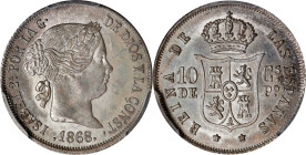 PHILIPPINES. 10 Centimos, 1868. Manila Mint. Isabel II. PCGS MS-63.
KM-145; Cal-656.

Estimate: $200.00- $400.00