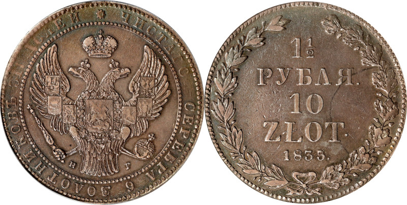 POLAND. 10 Zlotych (1-1/2 Rubles), 1835. St. Petersburg Mint. Nicholas I. PCGS G...