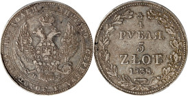 POLAND. 5 Zlotych (3/4 Ruble), 1838-MW. Warsaw Mint. Nicholas I. PCGS Genuine--Cleaned, EF Details.
KM-C-133.

Estimate: $60.00- $100.00