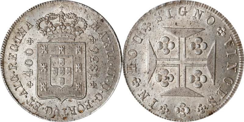 PORTUGAL. 400 Reis, 1836. Lisbon Mint. Maria II. PCGS MS-64.
KM-403.2; Gomes-16...